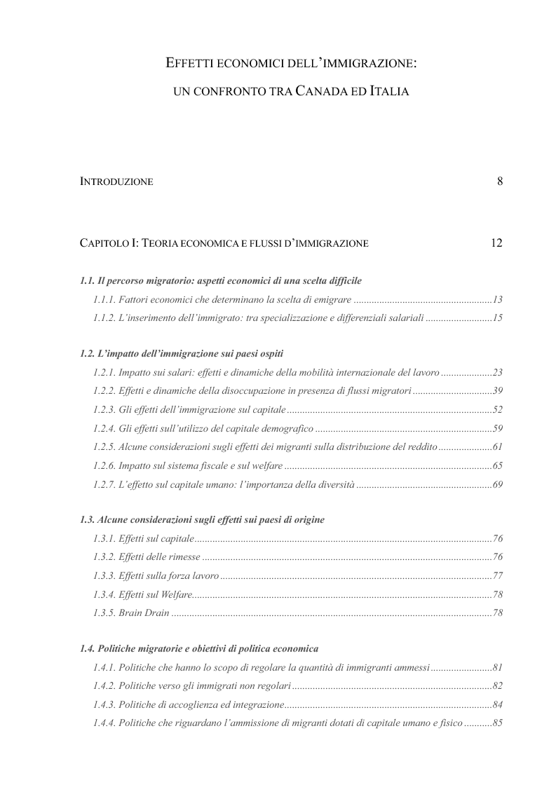 Indice della tesi: Effetti economici dell'immigrazione: un confronto tra Canada ed Italia, Pagina 1