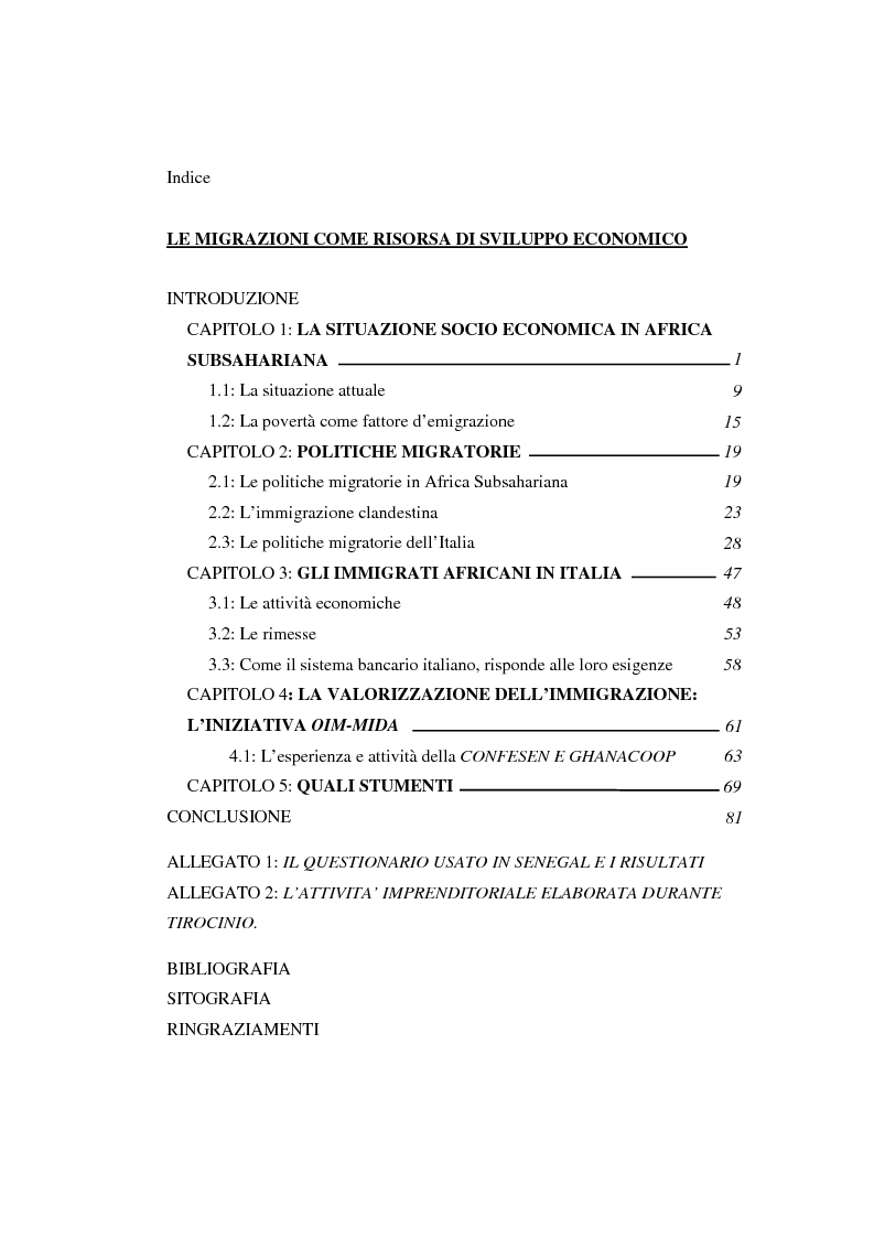 Indice della tesi: Le migrazioni come risorsa di sviluppo economico, Pagina 1