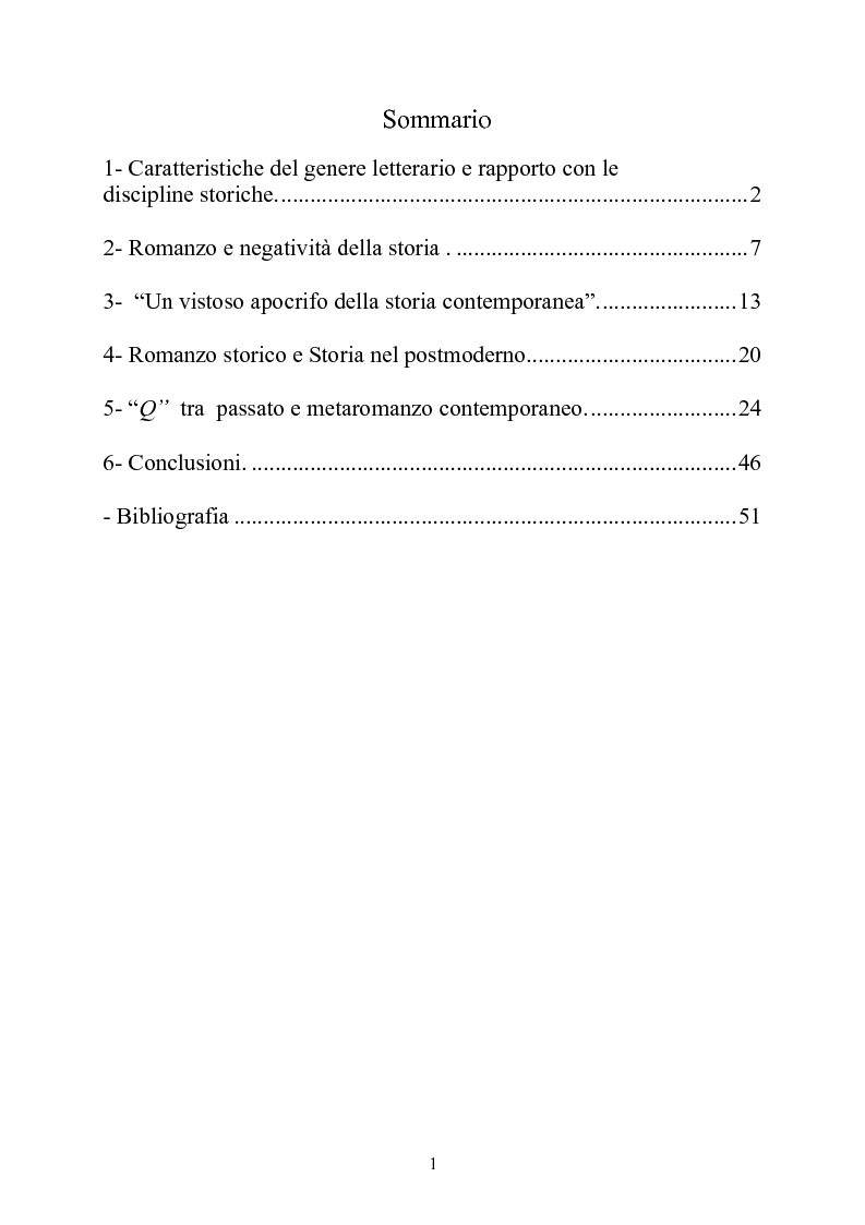Indice della tesi: Storicità e narrazione. Situazioni e prospettive di un rapporto tra discipline in tre romanzi storici italiani., Pagina 1