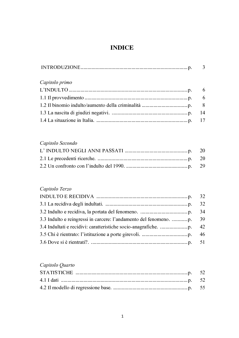 Indice della tesi: Economia della criminalità e modelli econometrici: effetti socio-economici dell'indulto, Pagina 1