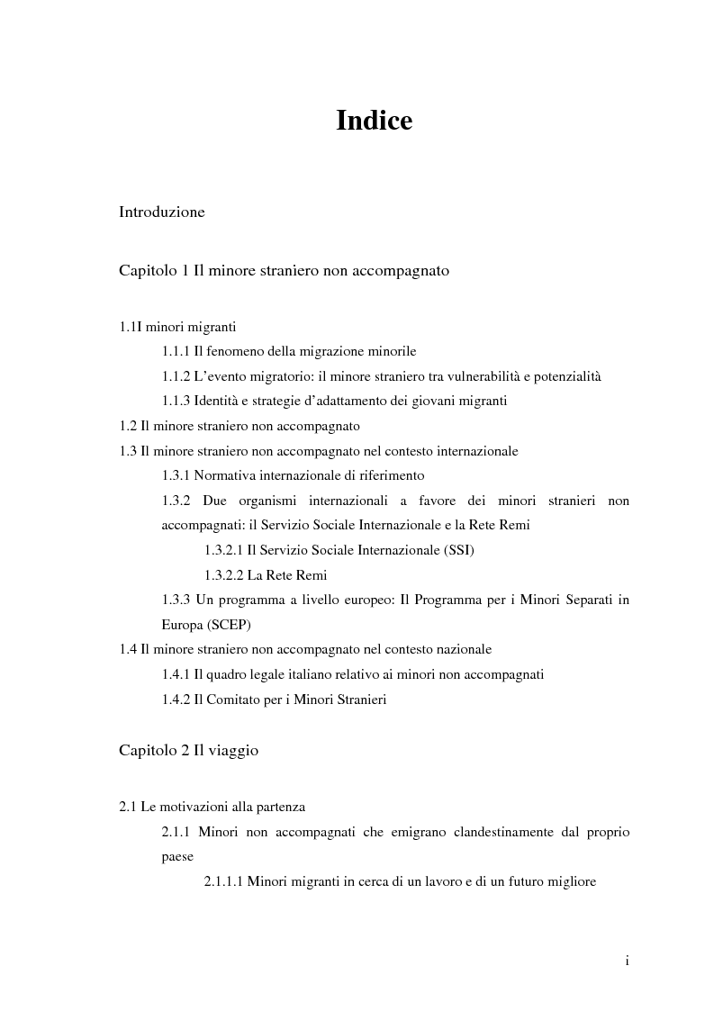Indice della tesi: I minori stranieri non accompagnati: un’analisi delle condizioni tra marginalità e integrazione, Pagina 1