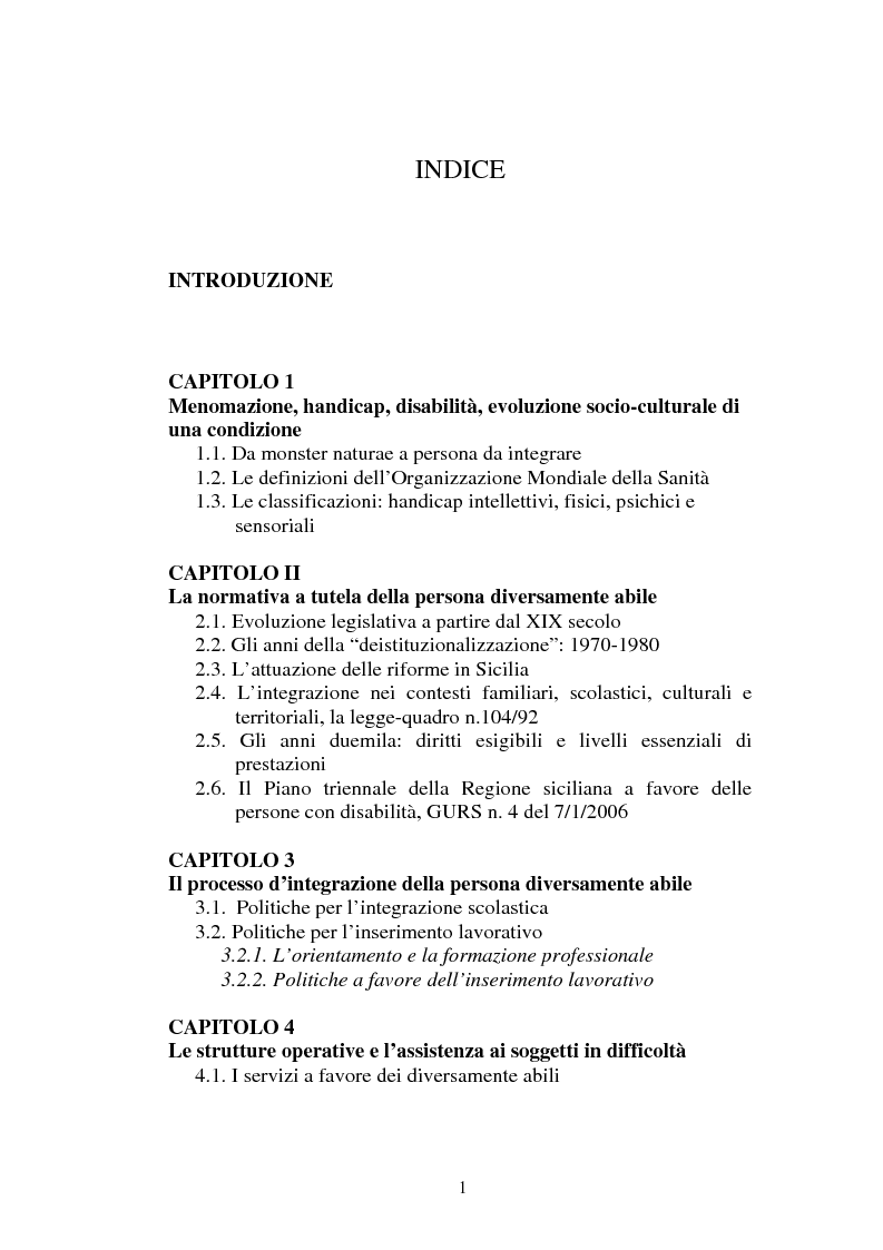 Indice della tesi: La persona diversamente abile. Politiche d'integrazione e di sostegno alla famiglia, Pagina 1