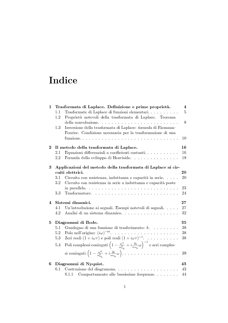 Indice della tesi: Poli e zeri delle funzioni meromorfe nella teoria dei segnali, Pagina 1