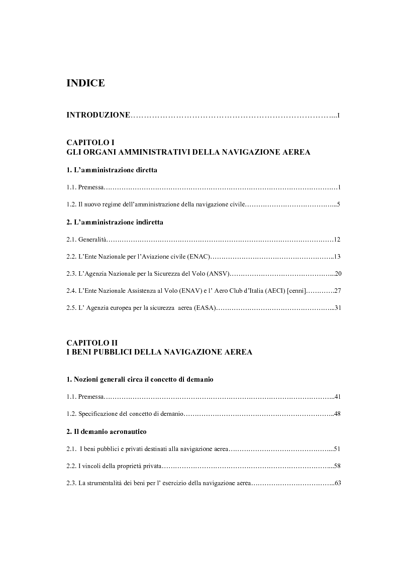 Indice della tesi: L'amministrazione della navigazione aerea, Pagina 1