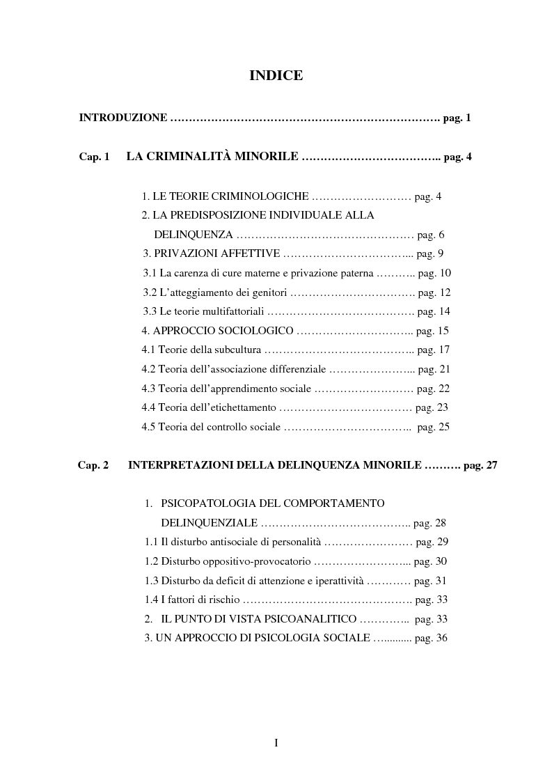 Indice della tesi: Le comunità come risposta alla criminalità minorile, Pagina 1