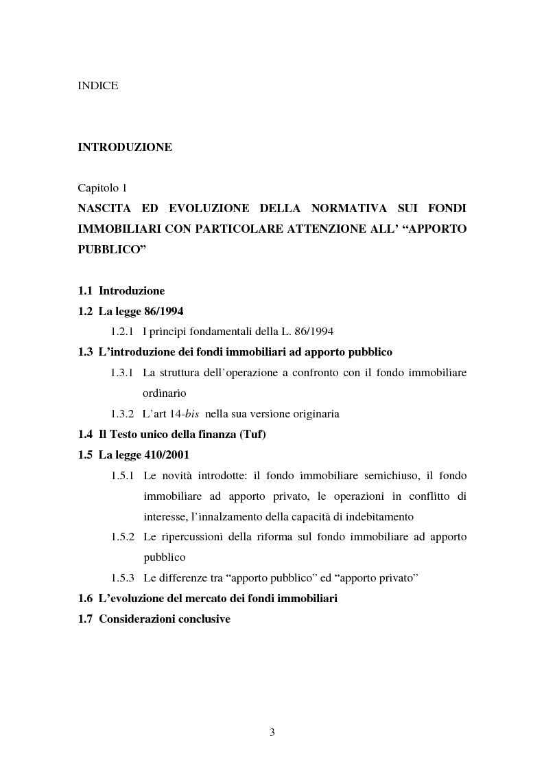 Indice della tesi: I fondi immobiliari ad apporto pubblico, Pagina 1