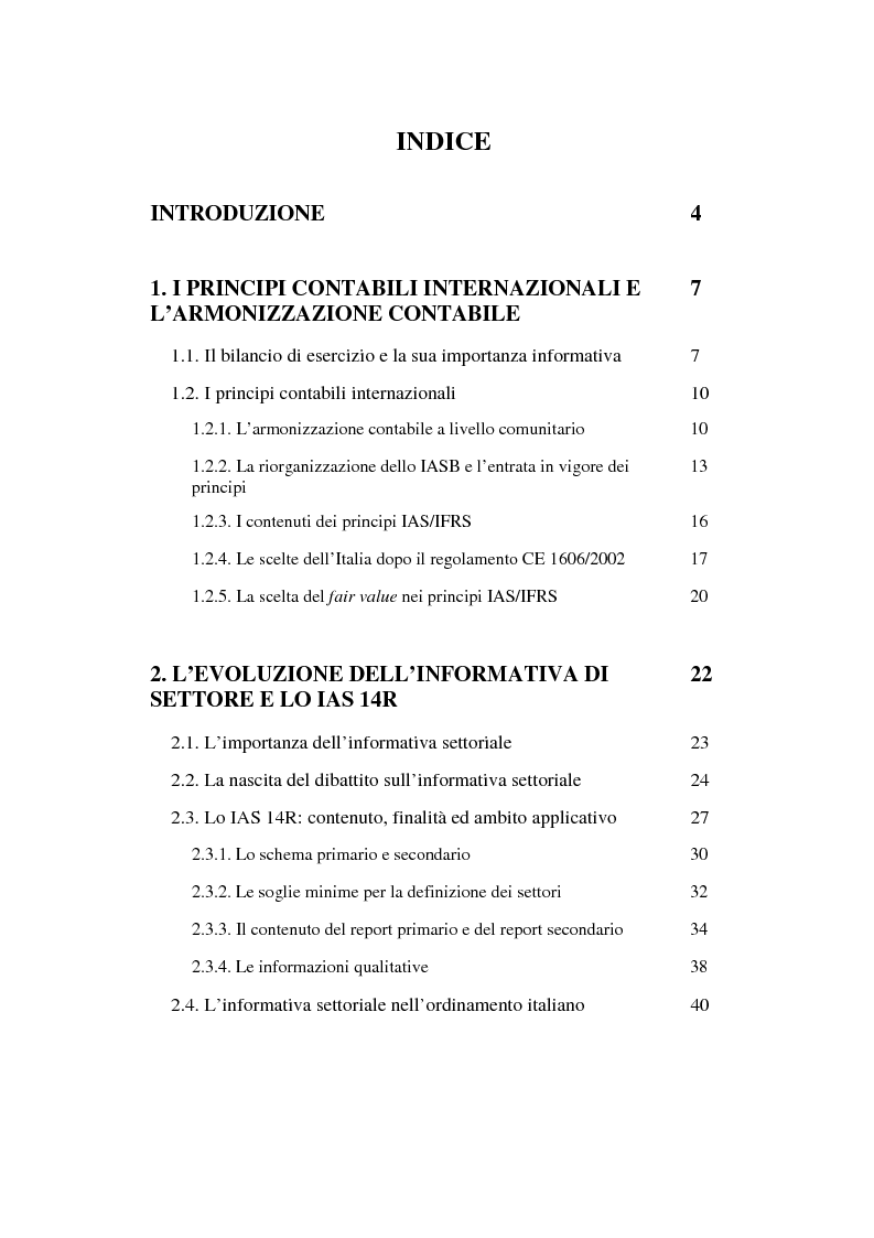 Indice della tesi: L'informativa settoriale in base ai principi contabili internazionali, Pagina 1