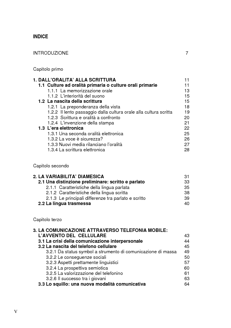Indice della tesi: La comunicazione via SMS: un ritorno alla scrittura nell'era dell'oralità, Pagina 1