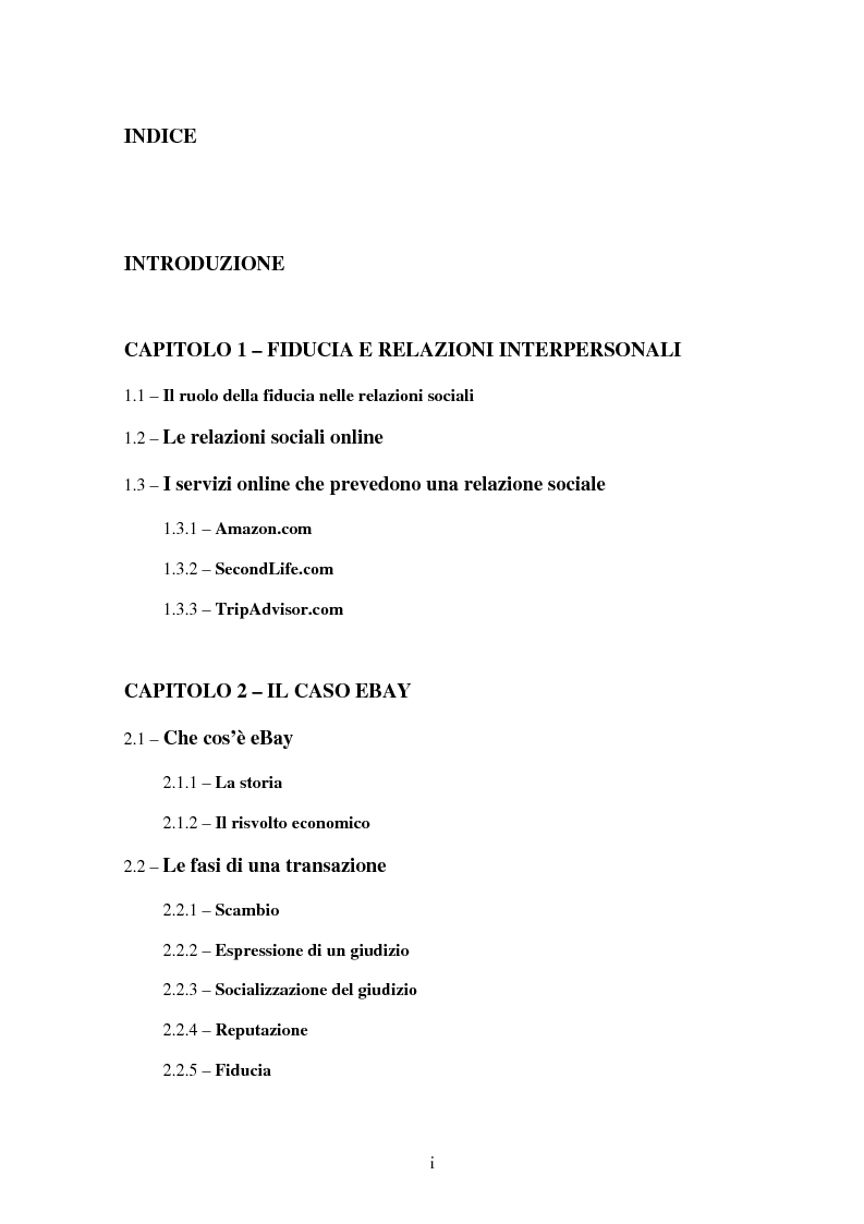 Indice della tesi: Il ruolo della fiducia nei rapporti interpersonali e il caso eBay, Pagina 1