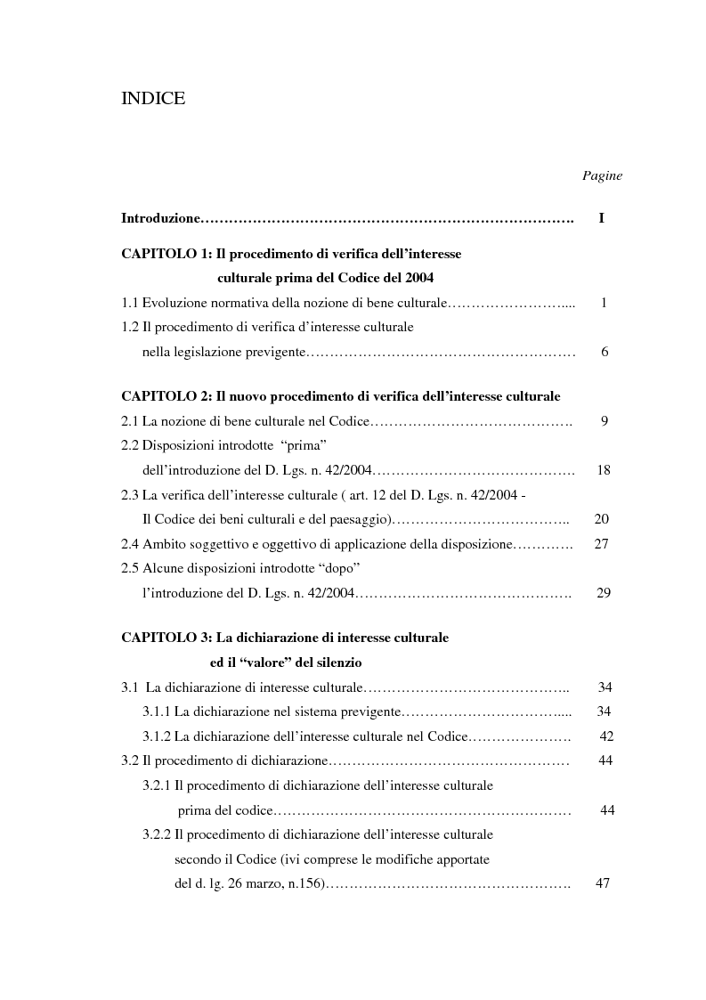 Indice della tesi: La nuova nozione di “bene culturale”. La procedura di verifica di interesse culturale., Pagina 1