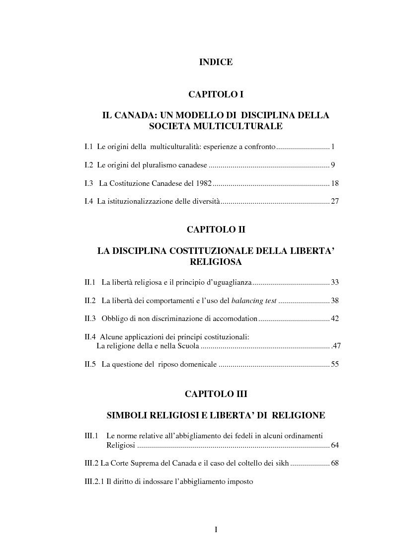 Indice della tesi: Libertà di religione e società multiculturali: il caso del Canada, Pagina 1
