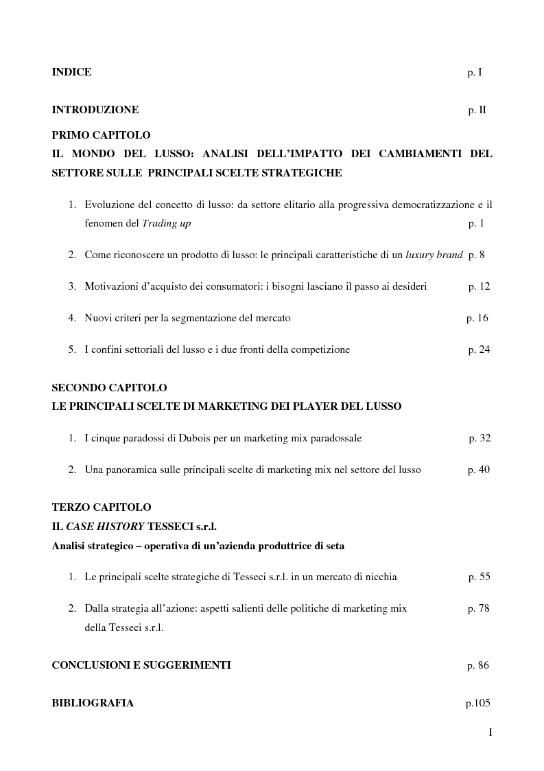Indice della tesi: Il marketing dei beni di lusso e il caso aziendale Tesseci, Pagina 1