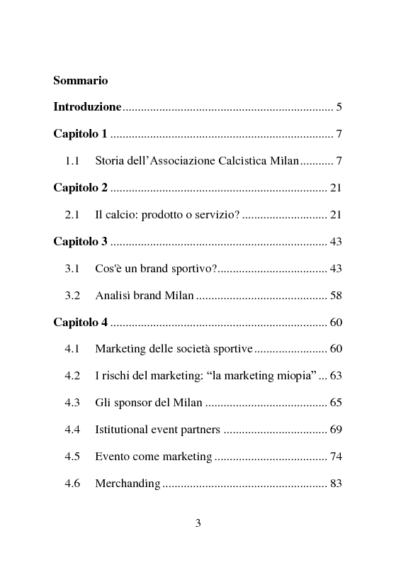 Indice della tesi: Comunicazione e marketing di un football club: l'ac Milan, Pagina 1