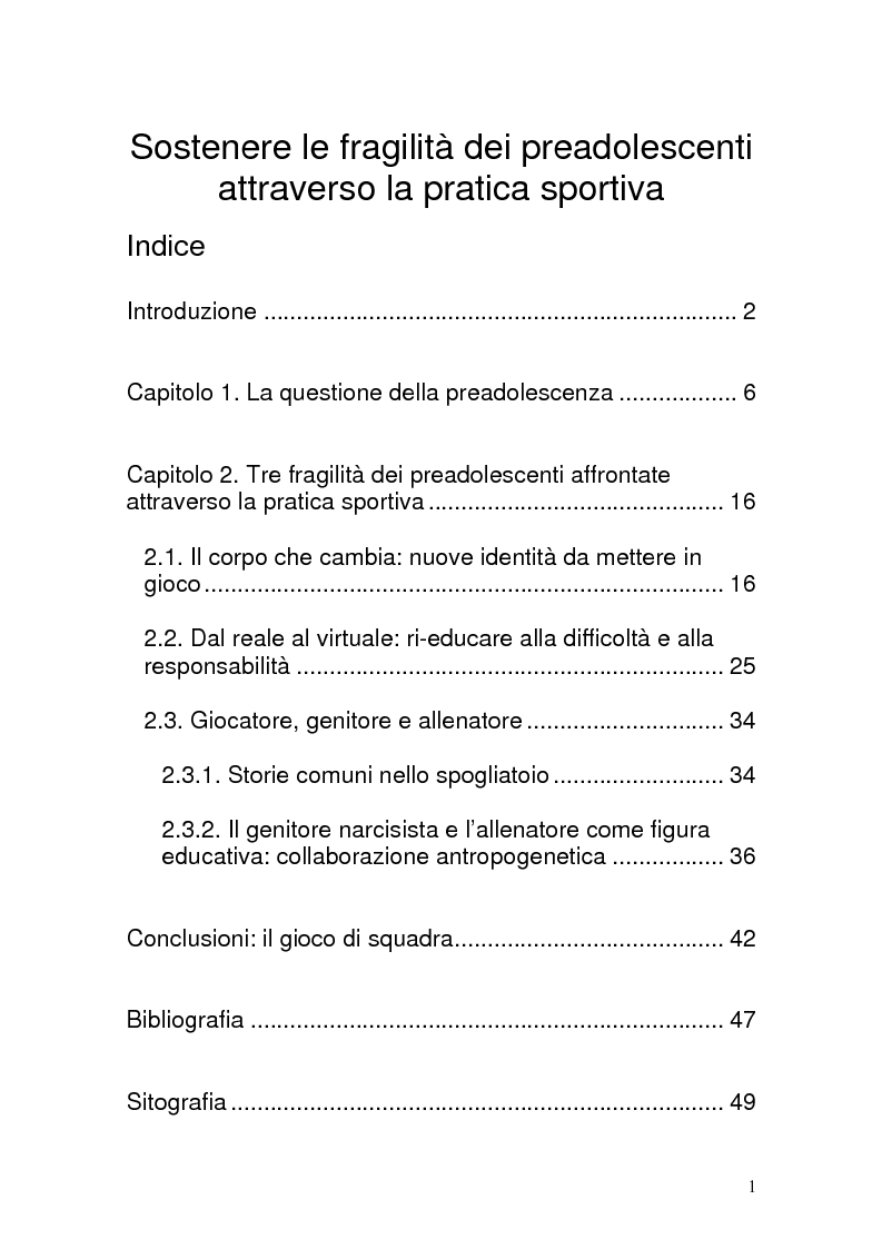 Indice della tesi: Sostenere le fragilità dei preadolescenti attraverso la pratica sportiva, Pagina 1