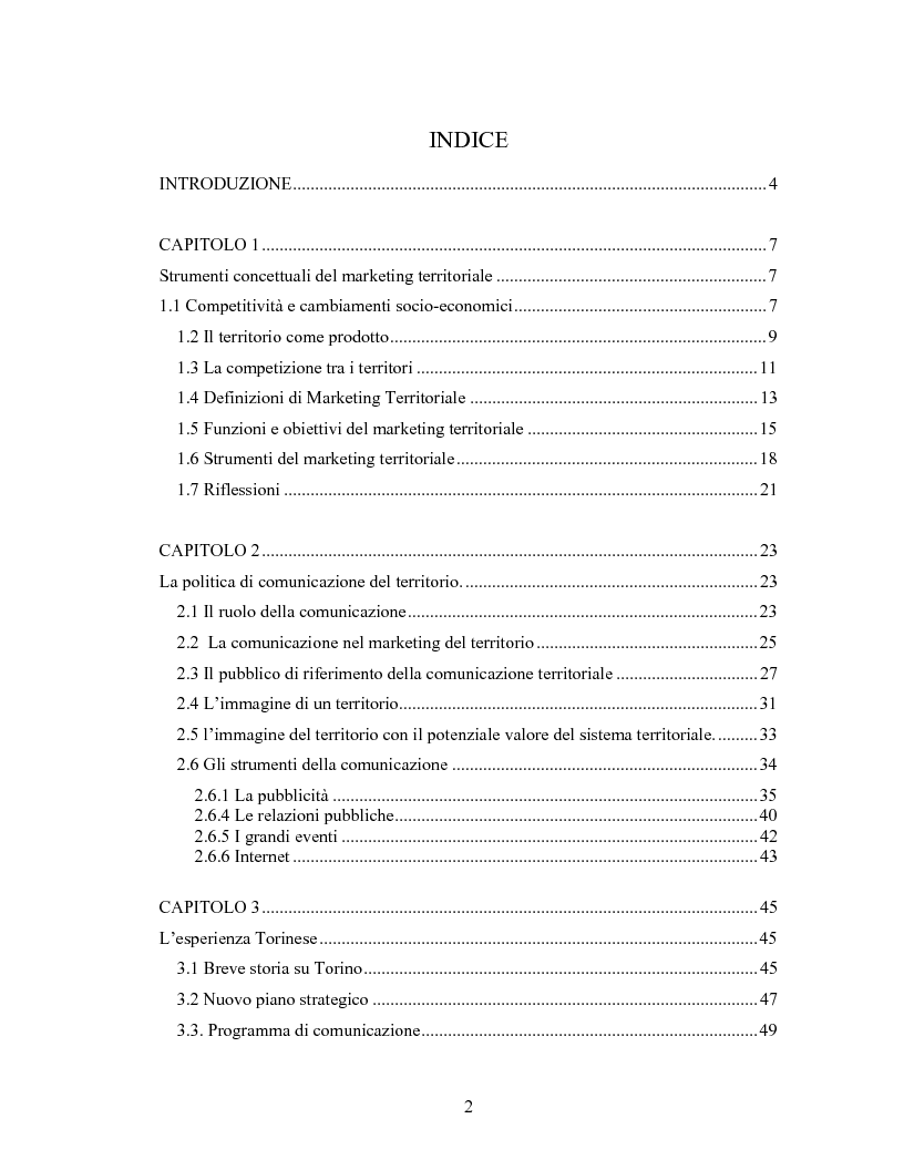 Indice della tesi: La comunicazione nelle strategie di promozione territoriale: l'esperienza torinese, Pagina 1