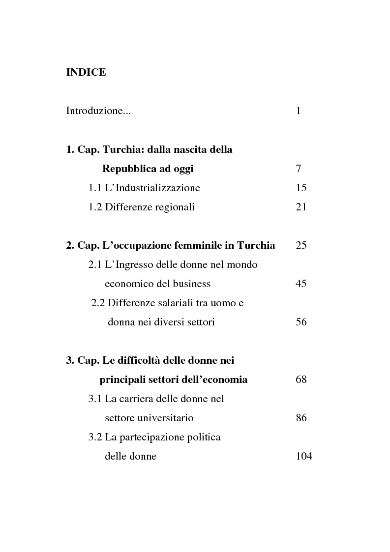 Indice della tesi: In Turchia. Le differenze di genere nel mercato del lavoro, Pagina 1