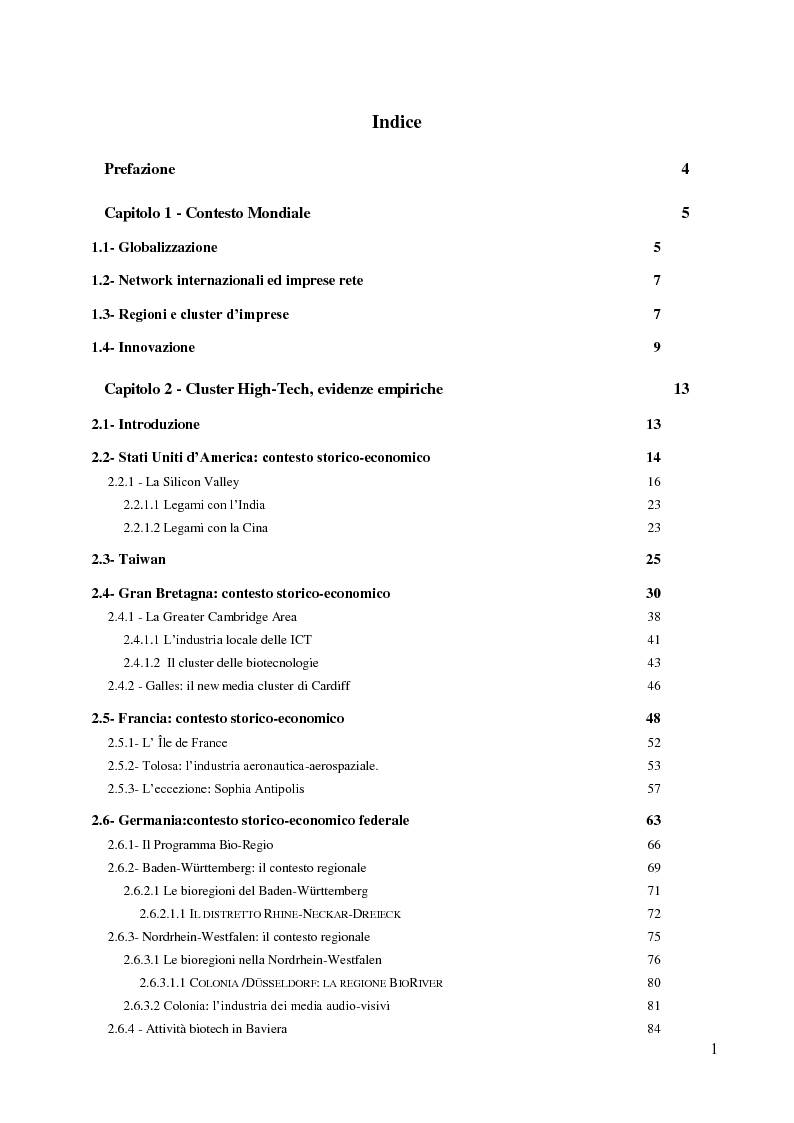 Indice della tesi: Sistemi di produzione locali e alta tecnologia: teorie, politiche e applicazioni con particolare riferimento al caso Toscana, Pagina 1