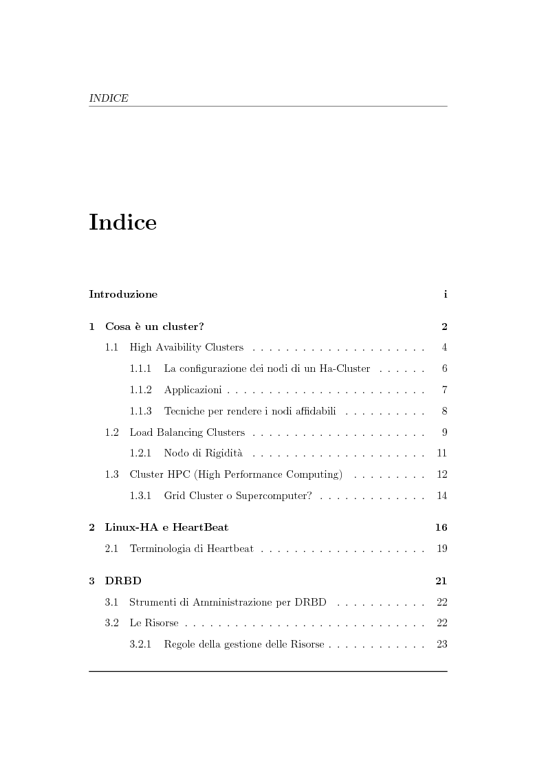 Indice della tesi: Analisi ed implementazione di un cluster di failover in ambiente Linux, Pagina 1