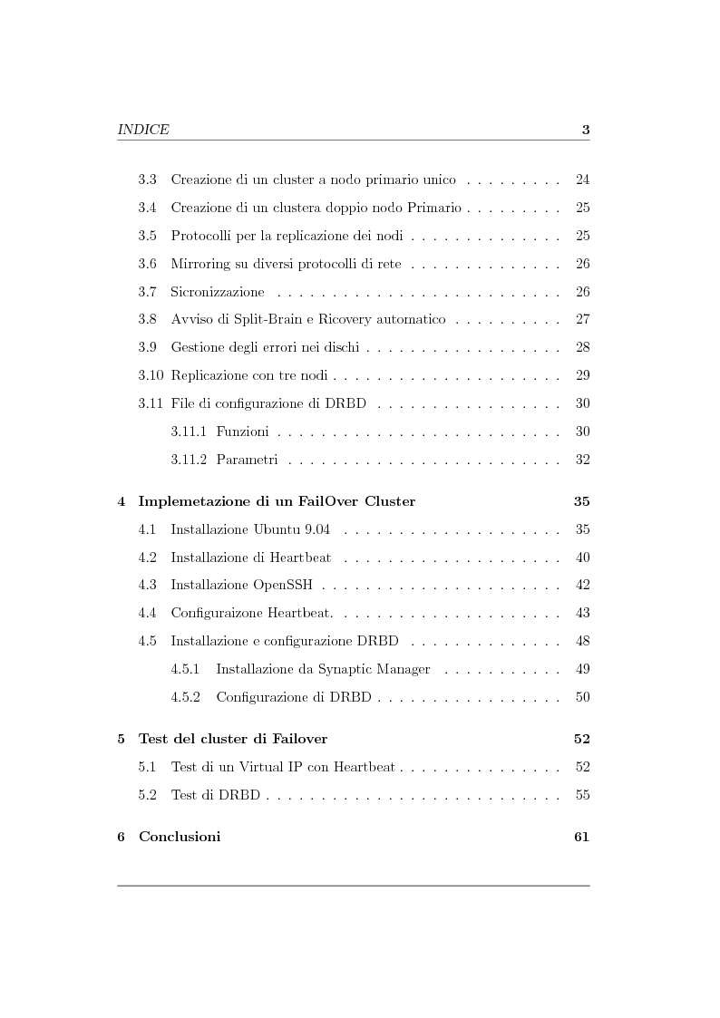 Indice della tesi: Analisi ed implementazione di un cluster di failover in ambiente Linux, Pagina 2