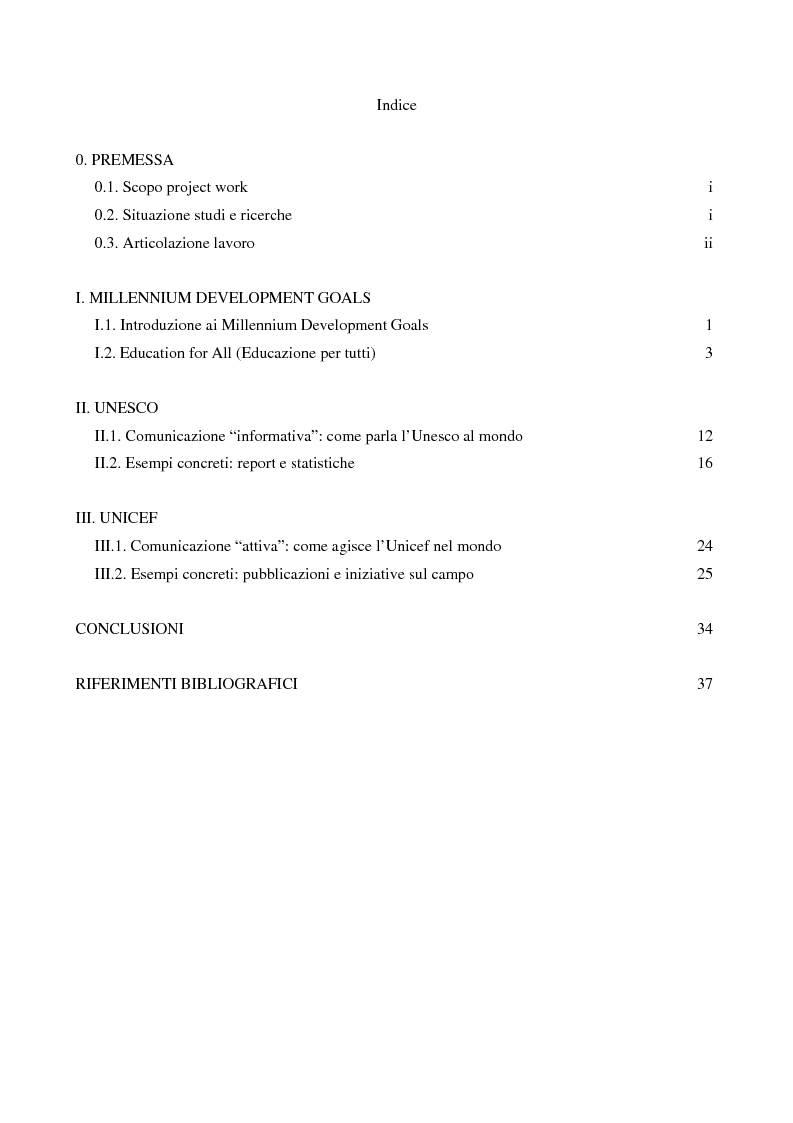 Indice della tesi: "Educazione per Tutti": Unesco e Unicef – Due differenti modi di comunicare, Pagina 1