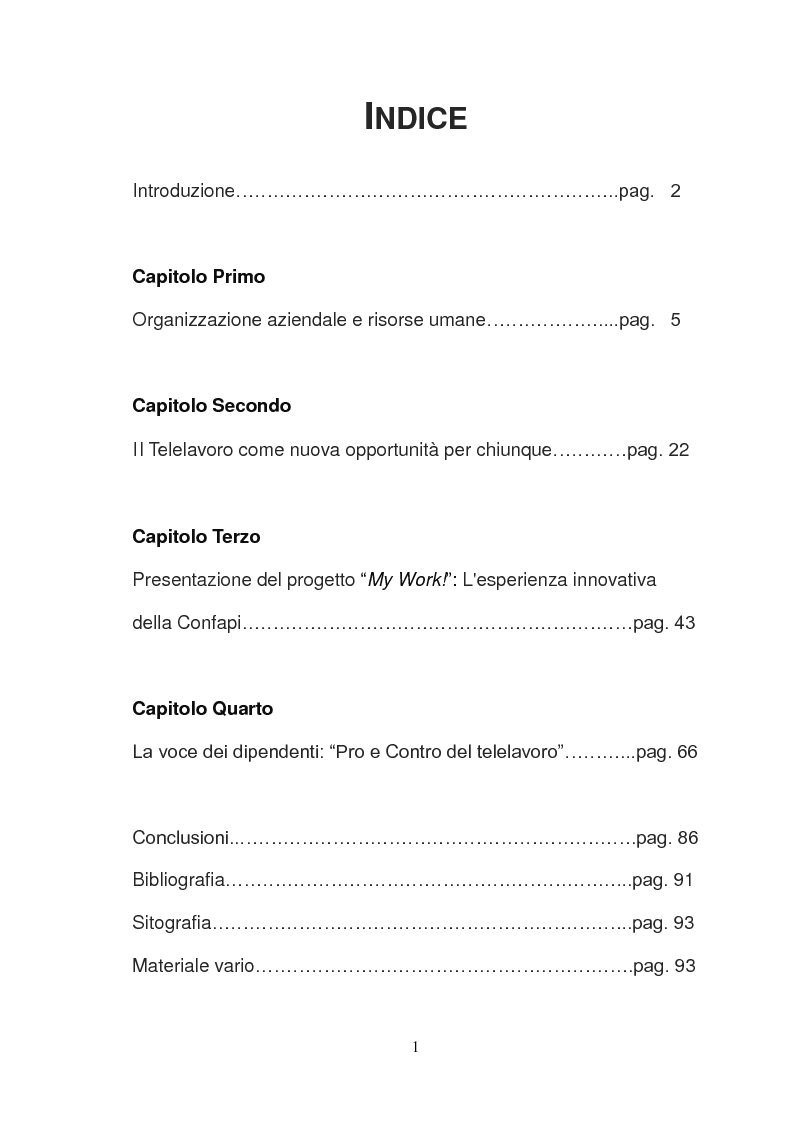 Indice della tesi: My Work: un'esperienza di telelavoro, Pagina 1