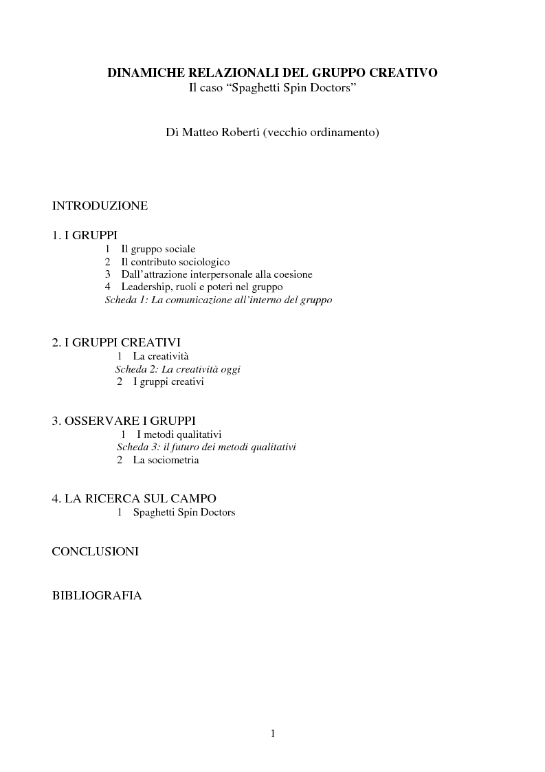 Indice della tesi: Dinamiche relazionali del gruppo creativo: il caso "Spaghetti Spin Doctors", Pagina 1