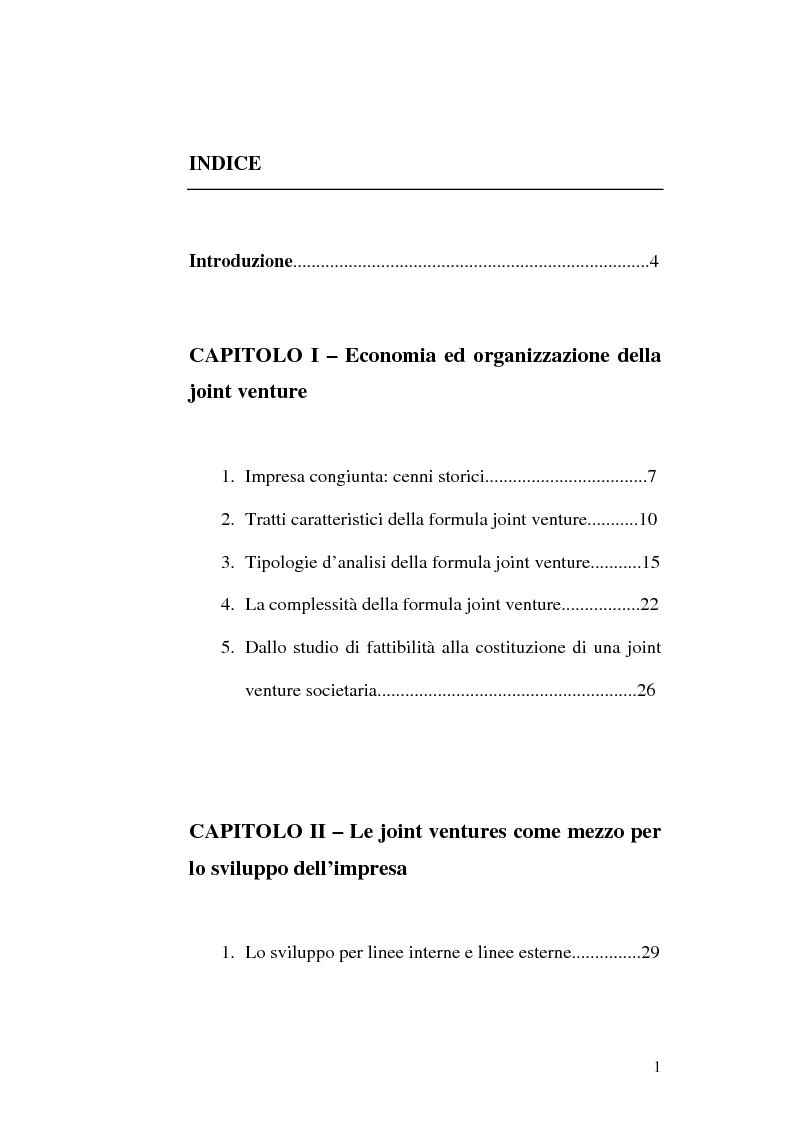 Indice della tesi: La joint venture come opportunità di sviluppo dell'impresa: casi di studio, Pagina 1