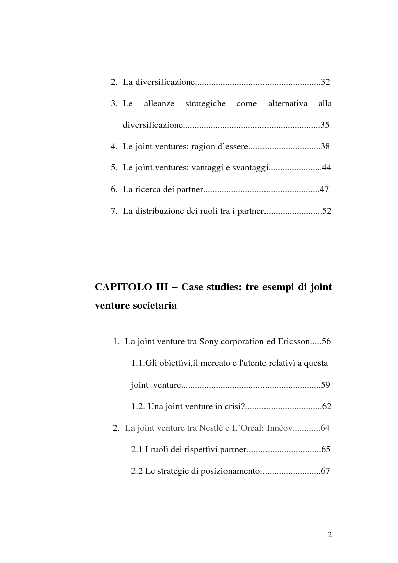 Indice della tesi: La joint venture come opportunità di sviluppo dell'impresa: casi di studio, Pagina 2