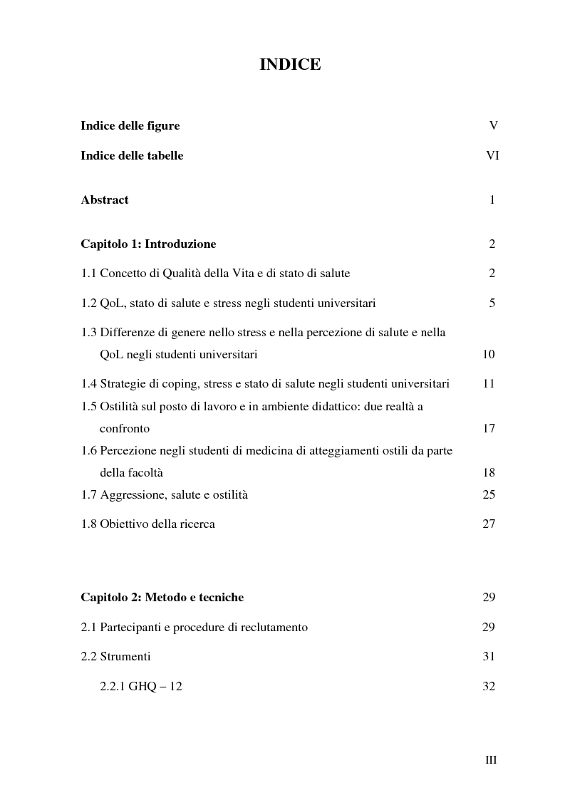 Indice della tesi: Qualità della vita e strategie di coping in un gruppo di studenti di medicina, Pagina 1