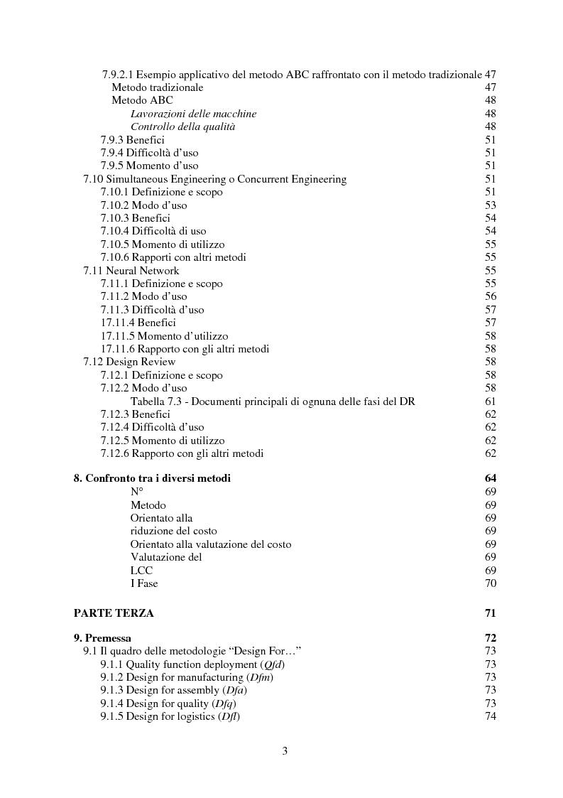 Indice della tesi: Metodologie orientate alla riduzione dei costi durante la progettazione con particolare riguardo al Life Cycle Cost, Pagina 3