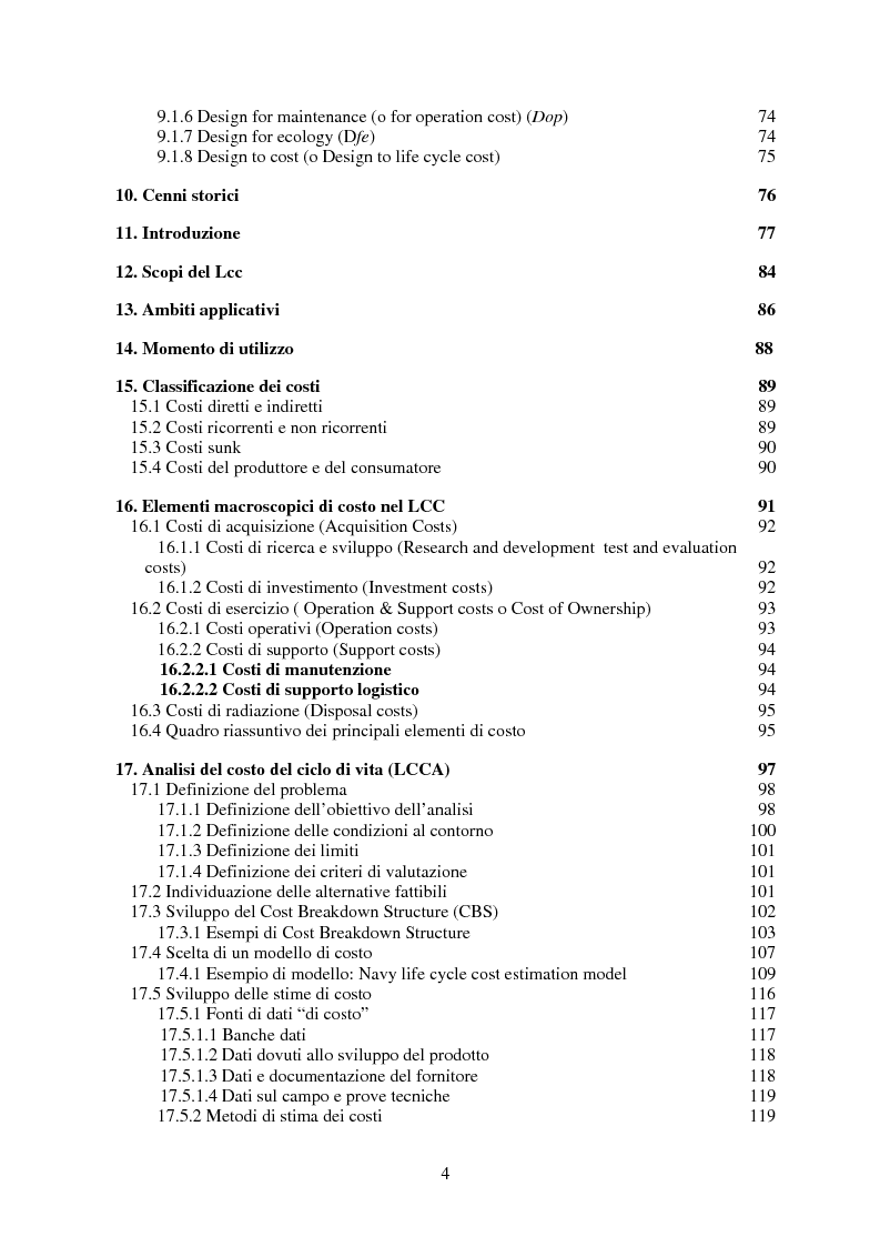 Indice della tesi: Metodologie orientate alla riduzione dei costi durante la progettazione con particolare riguardo al Life Cycle Cost, Pagina 4