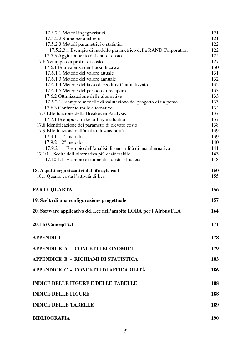 Indice della tesi: Metodologie orientate alla riduzione dei costi durante la progettazione con particolare riguardo al Life Cycle Cost, Pagina 5