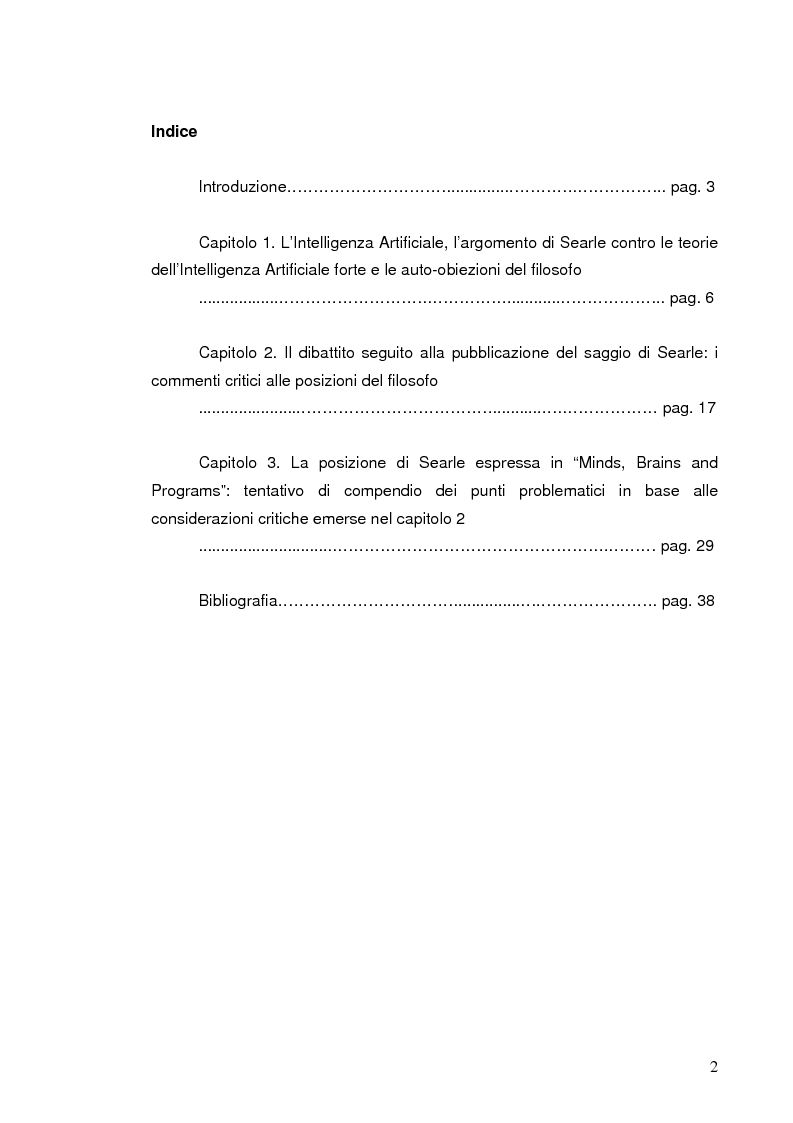 Indice della tesi: La discussione iniziale sulla ''stanza cinese'' di Searle, Pagina 1