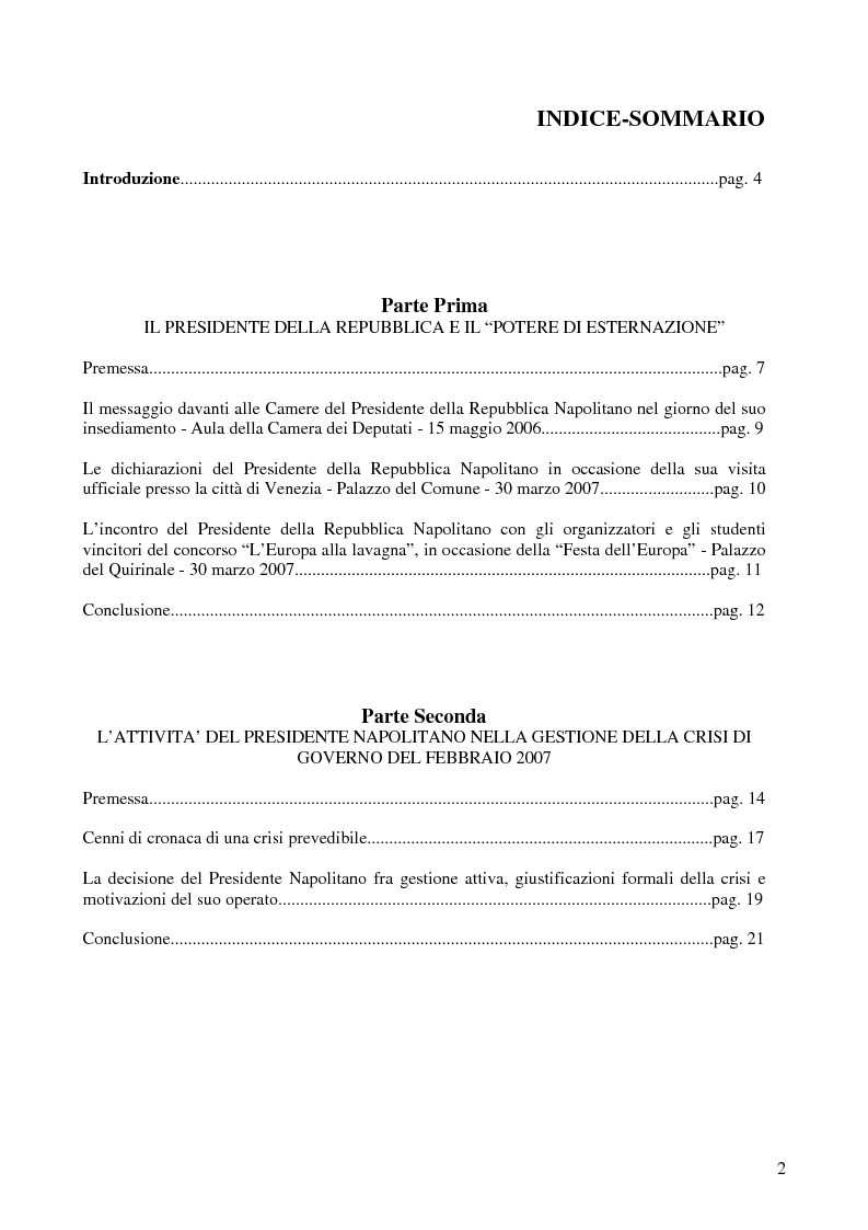 Indice della tesi: Il primo anno della presidenza Napolitano: dottrina, prassi e tendenze, Pagina 1