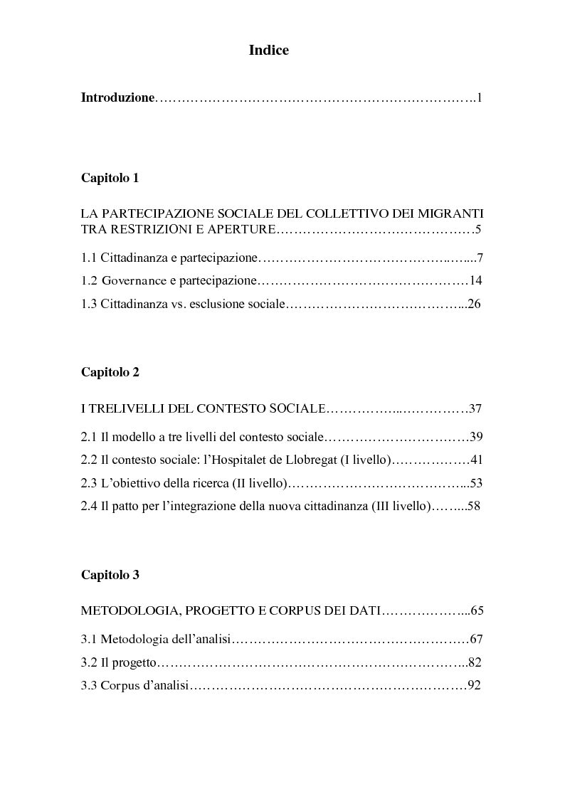 Indice della tesi: Il “Pacto para la integración de la nueva ciudadanía” ne l’Hospitalet de Llobregat: costruzione discorsiva del ruolo della donna e delle ragioni della migrazione, Pagina 1
