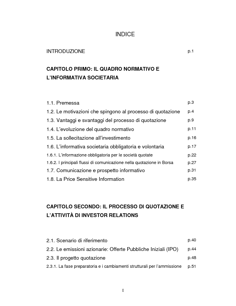 Indice della tesi: Il ruolo delle investor relations nel processo di quotazione, Pagina 1