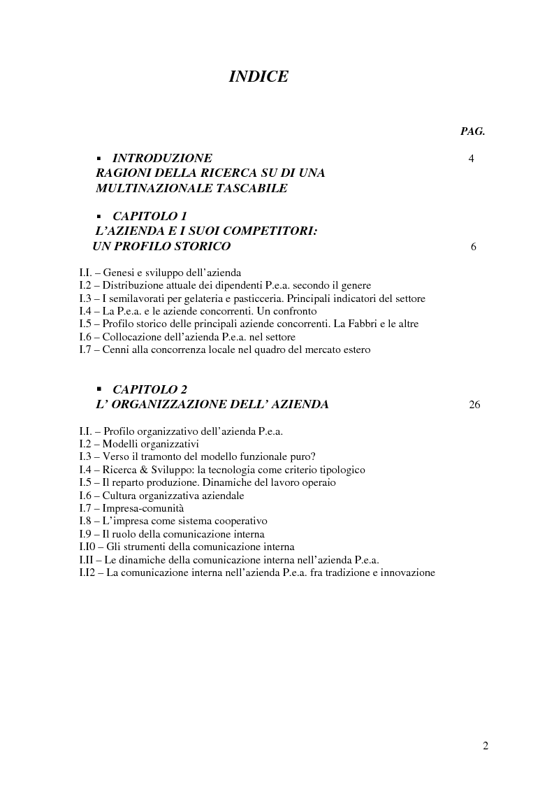 Indice della tesi: Generi e generazioni nell'organizzazione di una multinazionale tascabile, Pagina 1