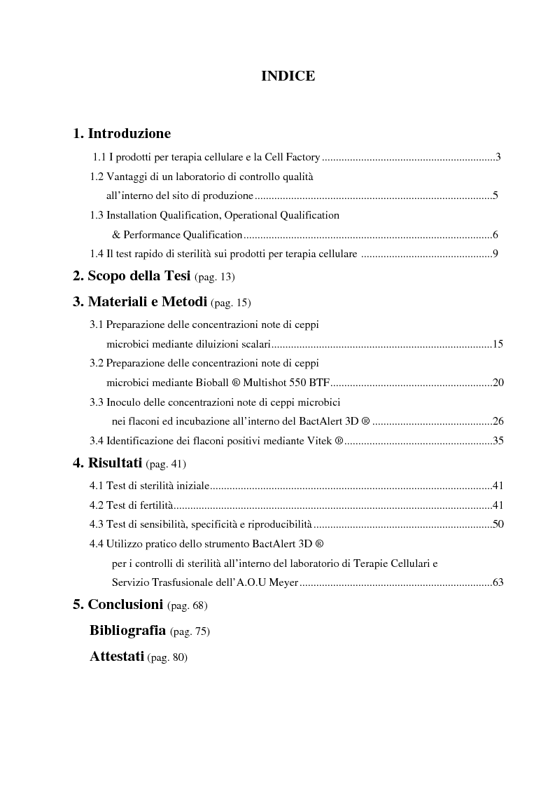Indice della tesi: Validazione del test rapido di sterilità su prodotti per terapia cellulare all'interno di una cell factory ospedaliera, Pagina 1