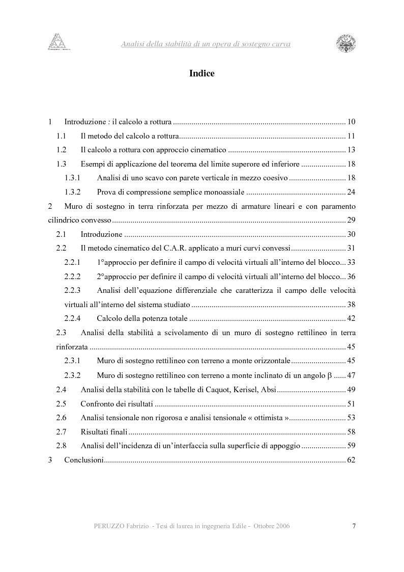 Indice della tesi: Analisi della stabilità di un'opera di sostegno curva, in terra rinforzata - Metodo cinematico a rottura e teoremi della plasticità, Pagina 1
