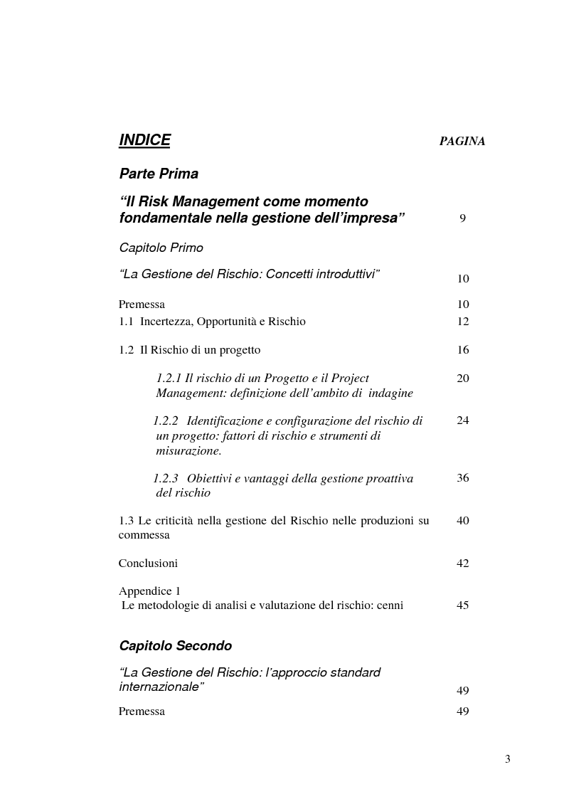 Indice della tesi: La gestione del rischio nelle produzioni su commessa: il modello del Gruppo Finmeccanica, Pagina 1