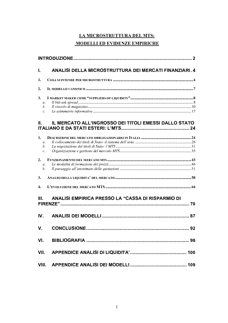 Indice della tesi: La microstruttura del MTS: modelli ed evidenze empiriche, Pagina 1