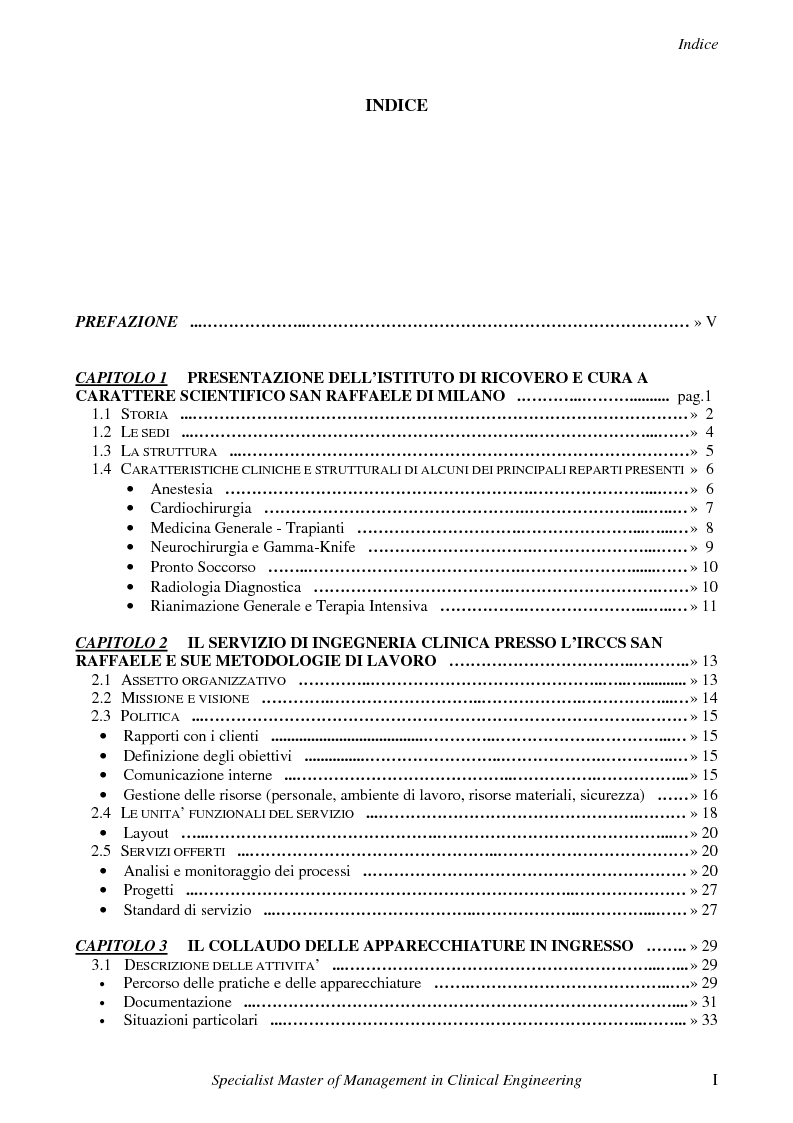 Indice della tesi: Attività di un Servizio di Ingegneria Clinica ed elaborazione di una metodologia per la verifica di sicurezza delle incubatrici neonatali, Pagina 1