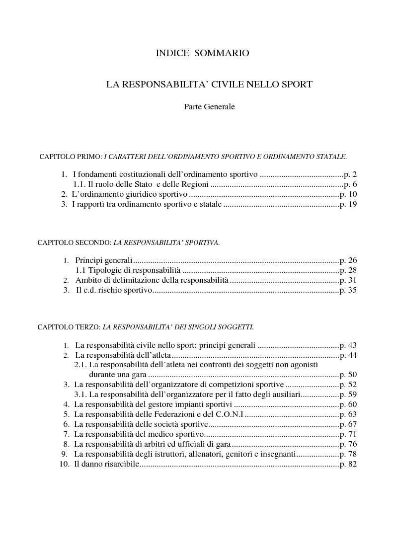 Indice della tesi: La responsabilità civile nello sport, Pagina 1