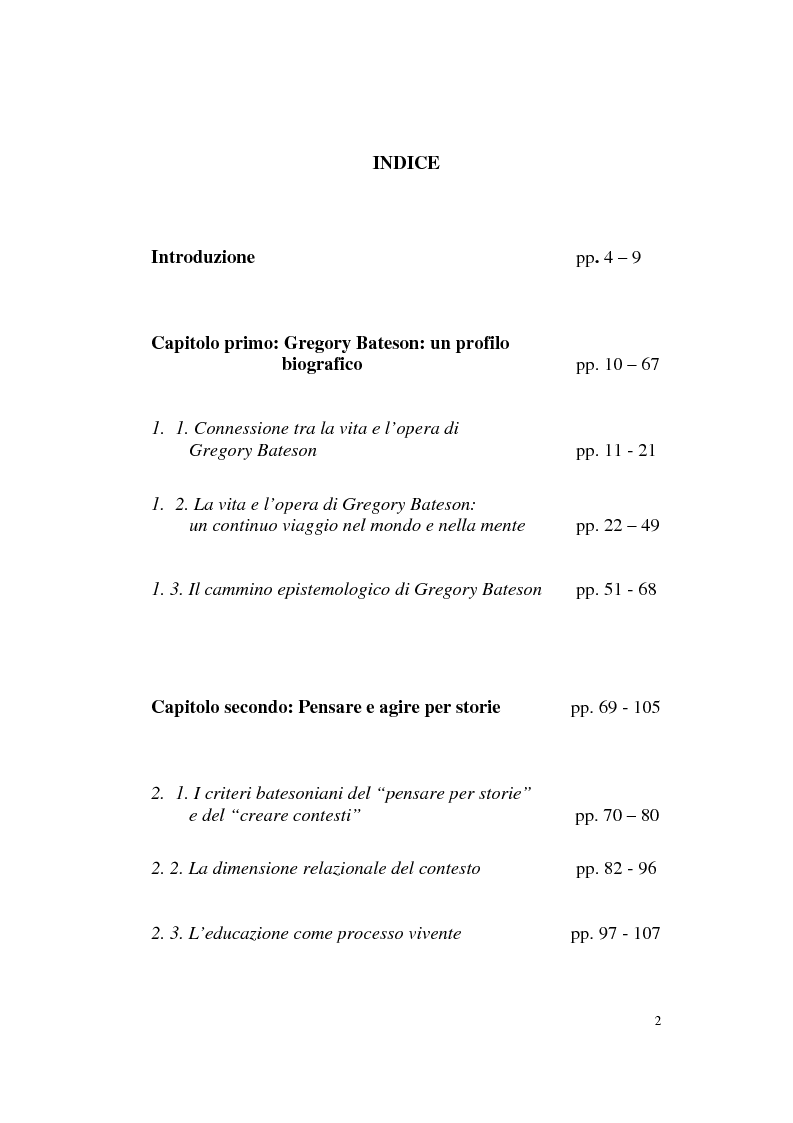 Indice della tesi: Pensare e agire per storie: il contributo di Gregory Bateson alla formazione autobiografica, Pagina 1