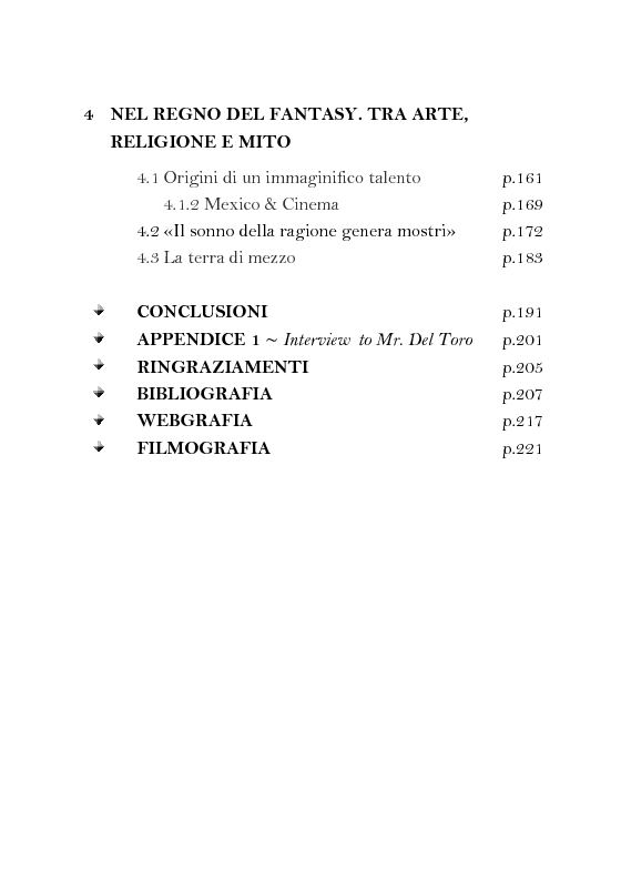 Indice della tesi: La Terra di Mezzo del Fantasy - Viaggio nell'immaginario attraverso l'opera di Guillermo Del Toro, Pagina 2
