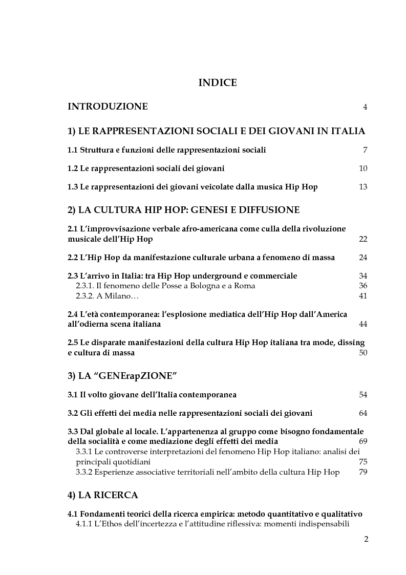 Indice della tesi: I giovani e la cultura hip hop: analisi dei messaggi veicolati, Pagina 1