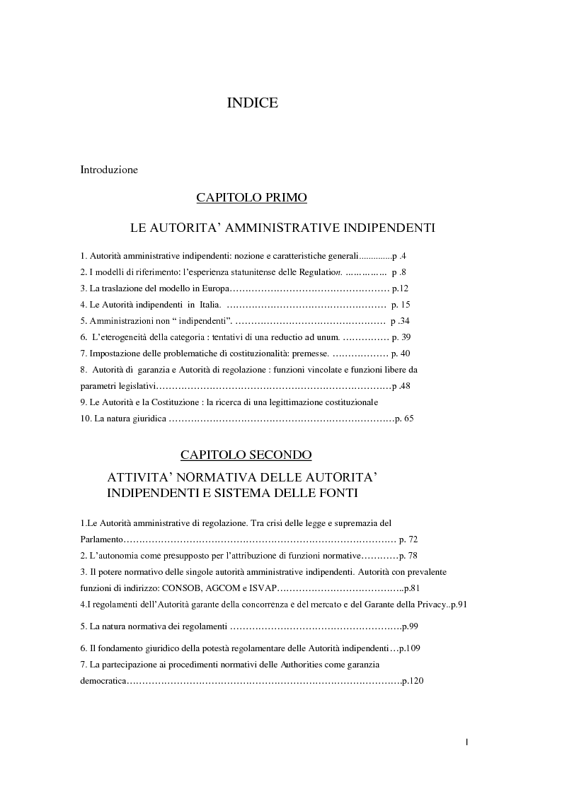 Indice della tesi: Le autorità amministrative indipendenti, Pagina 1