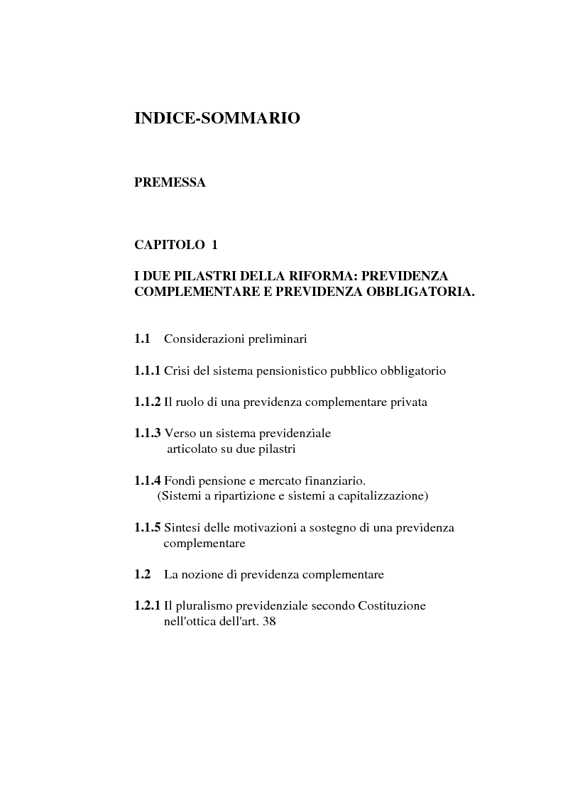 Indice della tesi: La previdenza complementare, la posizione del singolo e la sua libertà, Pagina 1