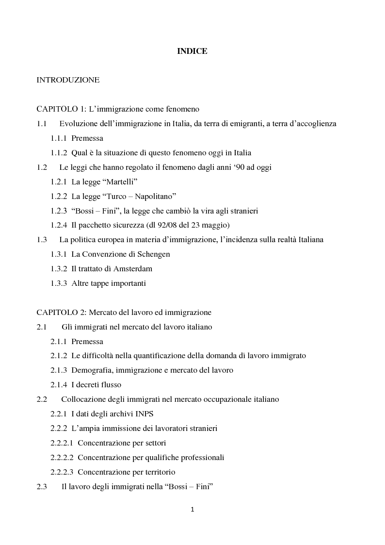Indice della tesi: Immigrazione, mercato e lavoro sommerso, Pagina 1