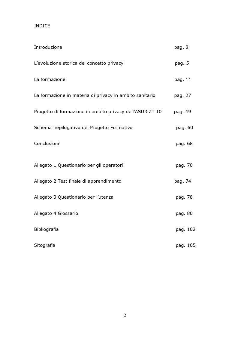 Indice della tesi: La formazione del personale in materia di privacy: progetto formativo dell'ASUR ZT 10 Camerino, Pagina 1
